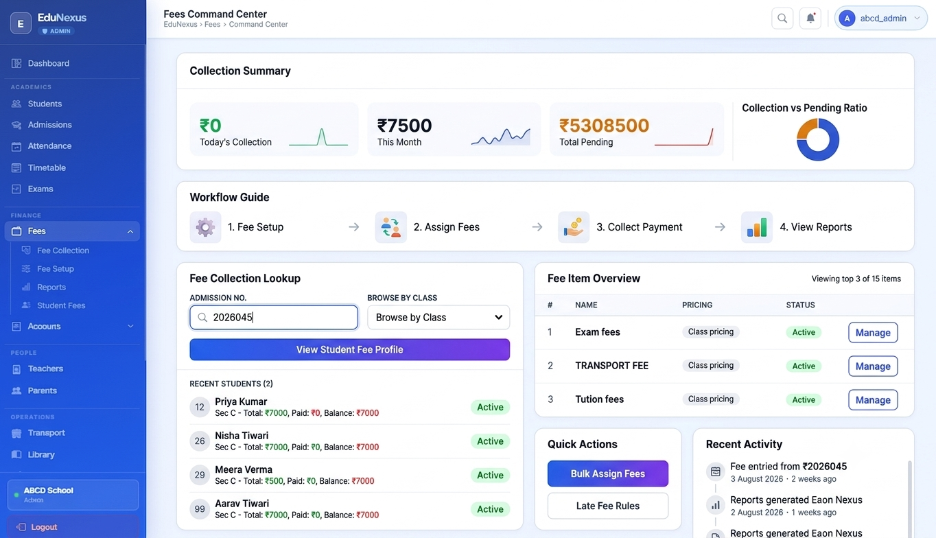 Fee collection screen showing a student's installments and pending balance